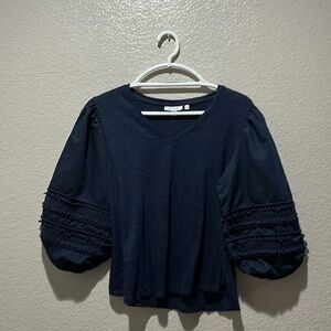 Chico's Linen Pom Sleeve Tee Women's L Blue Retro Minimalist Office Casual Beach